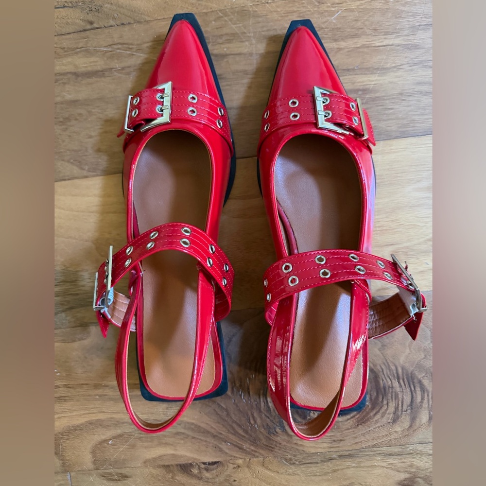 Red Patent Slingback Flats with Buckle Strap - New, Never worn